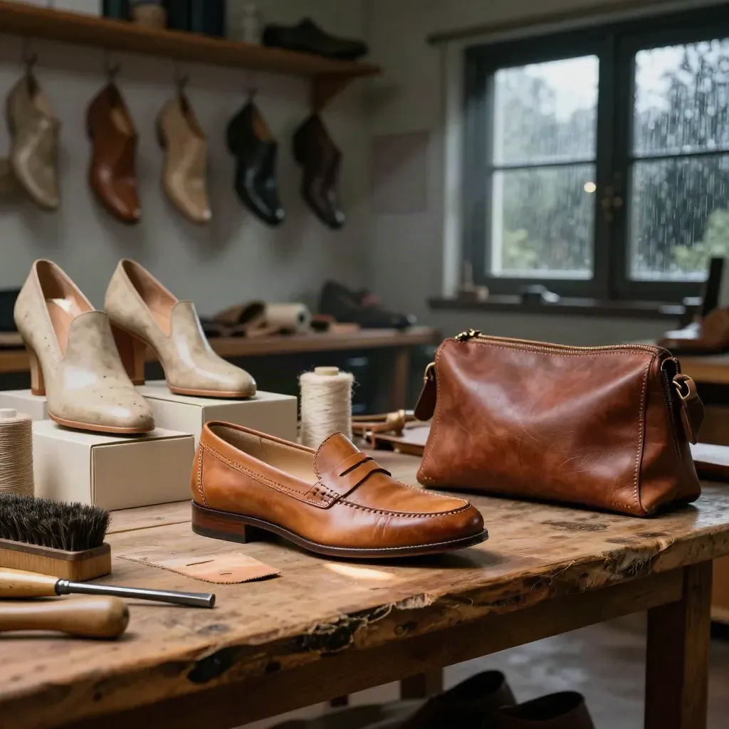 Bottega di ciabattino con scarpe riparate, suole, tacchi e strumenti su banco di legno.