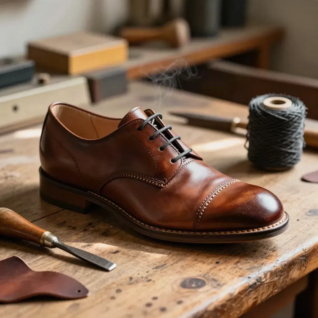 Scarpa derby in pelle con suola cucita, punteruolo e lesina su banco da lavoro