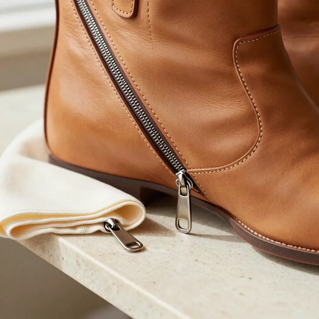 Stivale in pelle e borsa da viaggio con cerniera nuova su pietra travertino.