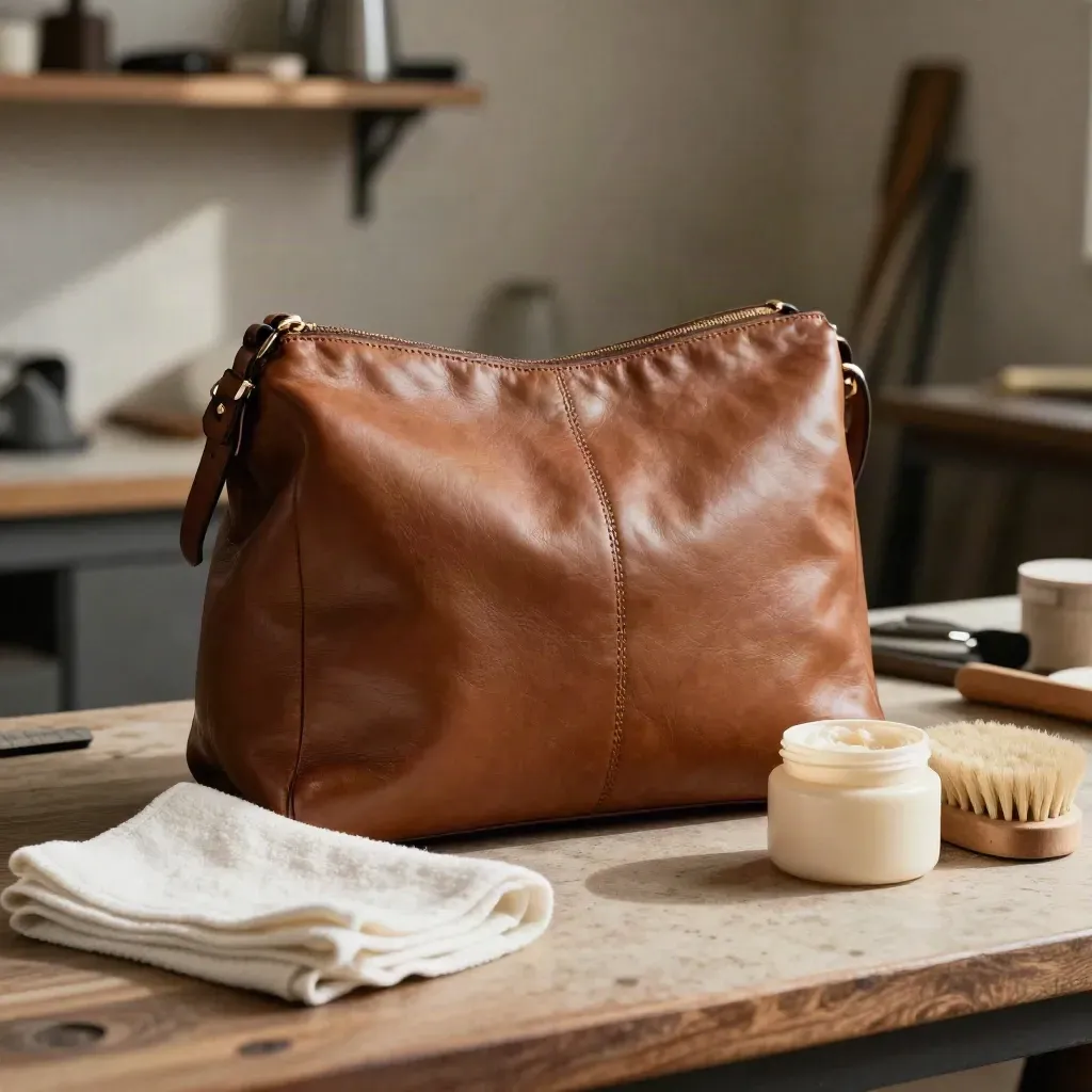 Borsa in pelle pulita con panno, crema opaca e spazzola morbida su banco artigianale
