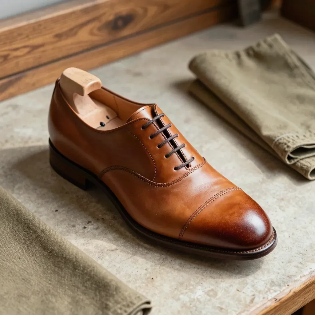 Scarpa oxford allargata con albero di calzata in legno su banco da calzolaio.