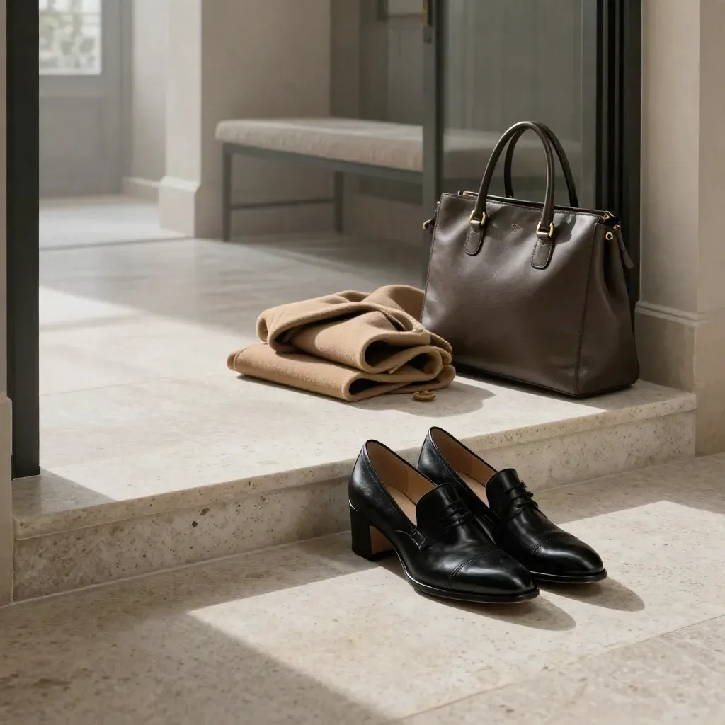 Décolleté con tacco nuovo all’ingresso in pietra, accanto a cappotto e borsa.