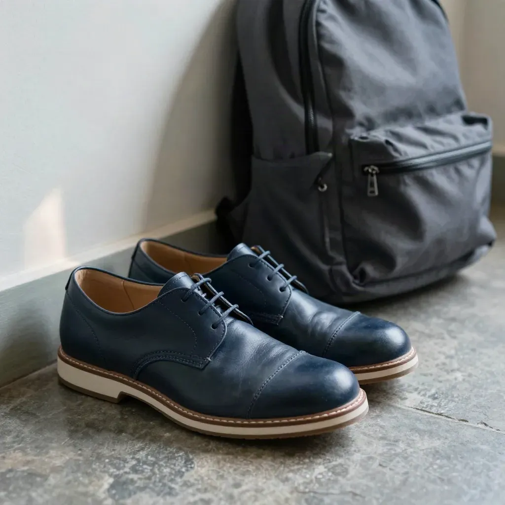 Due paia di scarpe scolastiche rifinite, allineate vicino a uno zaino chiuso su pavimento neutro.
