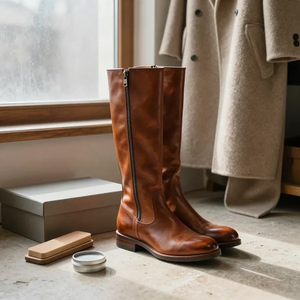 Stivali in pelle con zip nuova accanto a cappotto di lana e scatola neutra in atelier