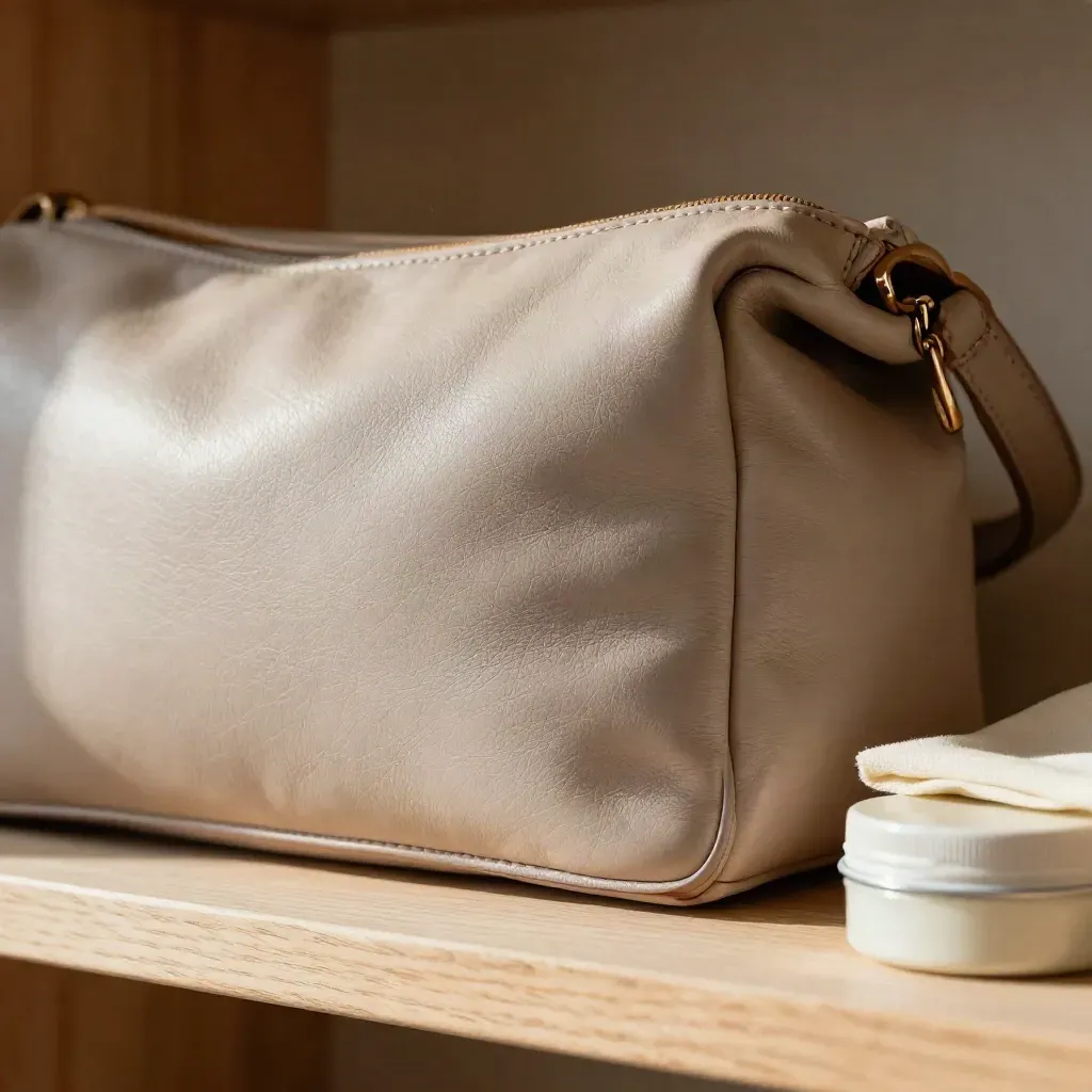Borsa in pelle rigenerata su mensola di legno chiaro con panno piegato e crema neutra