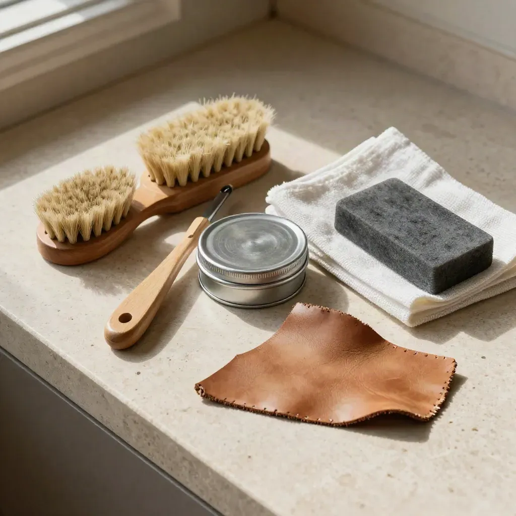 Kit per la cura della pelle su pietra chiara, con spazzole, crema, panno, vitello e gomma