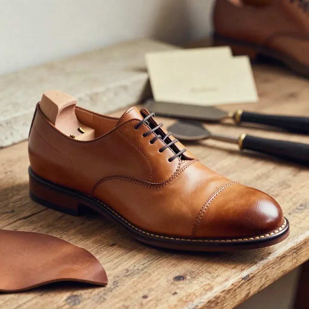 Scarpa derby allargata su banco da calzolaio, con albero di calzata rimosso e polvere sospesa