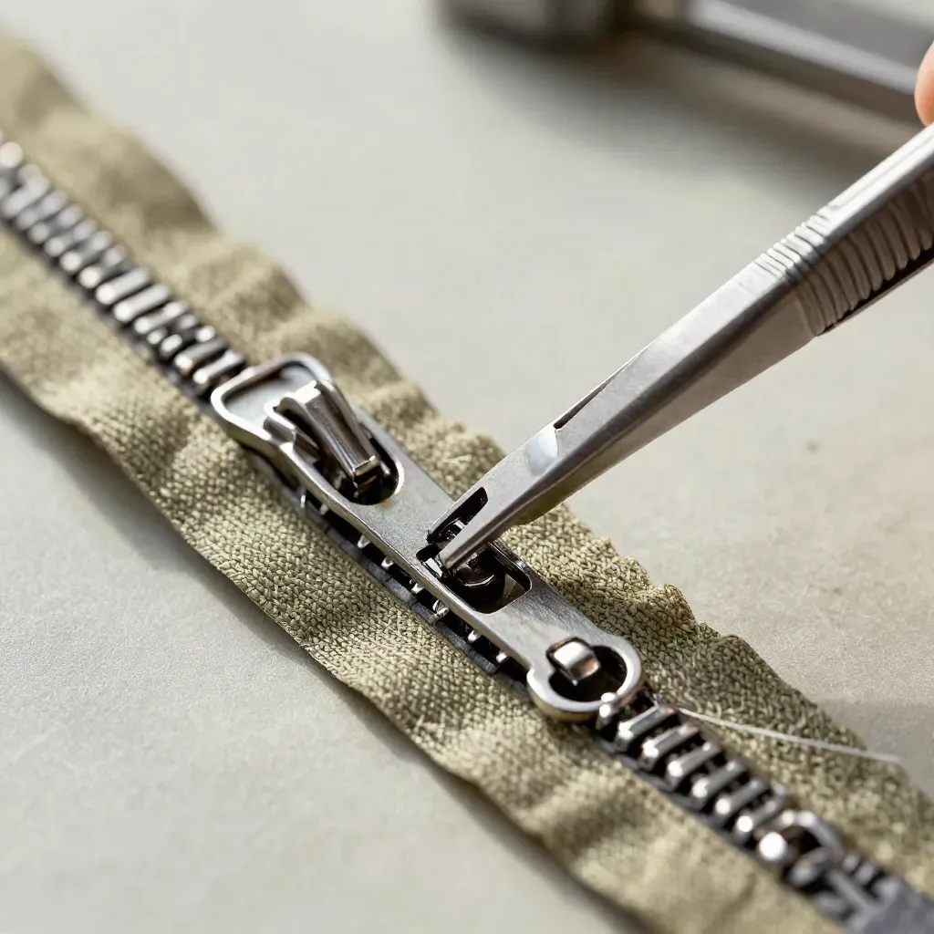 Cursori, nastro zip e pinzette in macro su banco da riparazione, con tessuti khaki e metallo grafite.