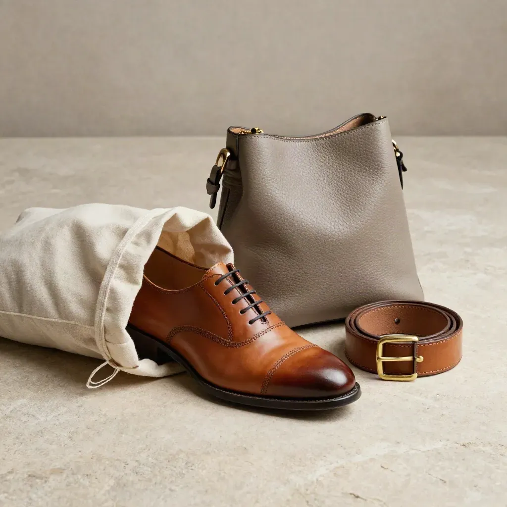 Scarpa, borsa e cintura in un sacco di lino aperto su pietra chiara