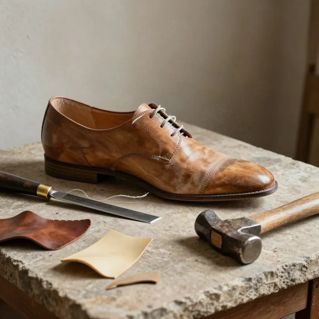 Banco da calzolaio con forma di scarpa, filo cerato, coltello da suola e martello su pietra.