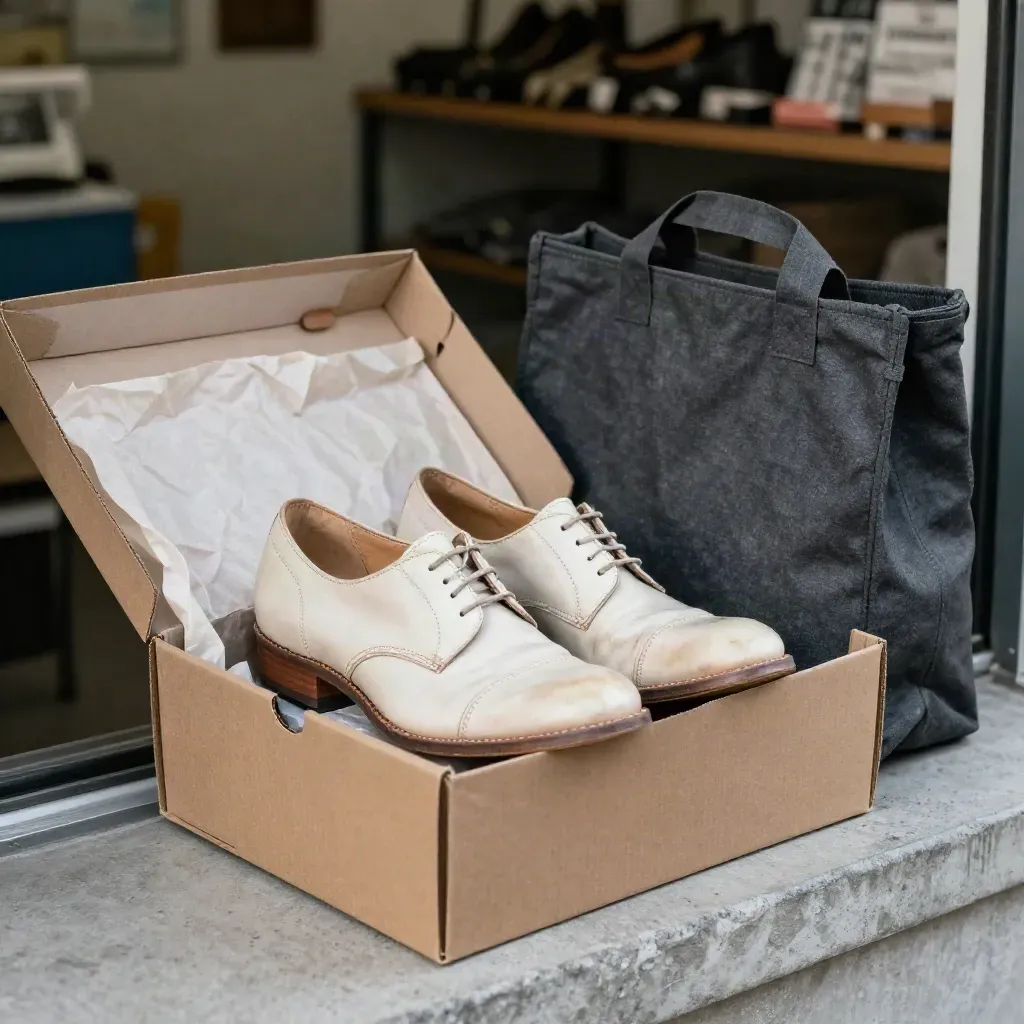 Scarpe riparate in una scatola artigianale aperta con velina e borsa in tessuto, luce soffusa.