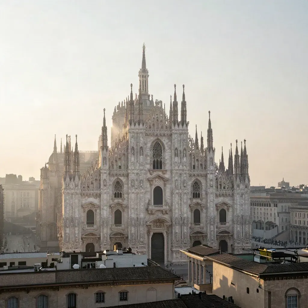 Duomo di Milano nella foschia mattutina sopra tetti chiari e cielo dorato
