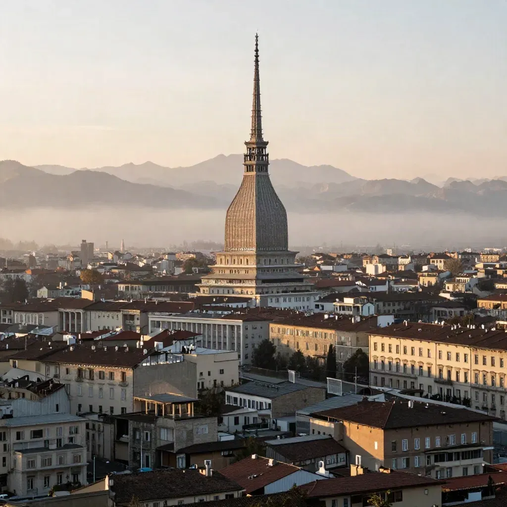La Mole Antonelliana tra i tetti di Torino e la nebbia dorata del mattino.