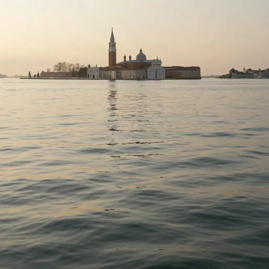 Laguna veneta al tramonto con campanile lontano e acqua calma sotto una leggera foschia